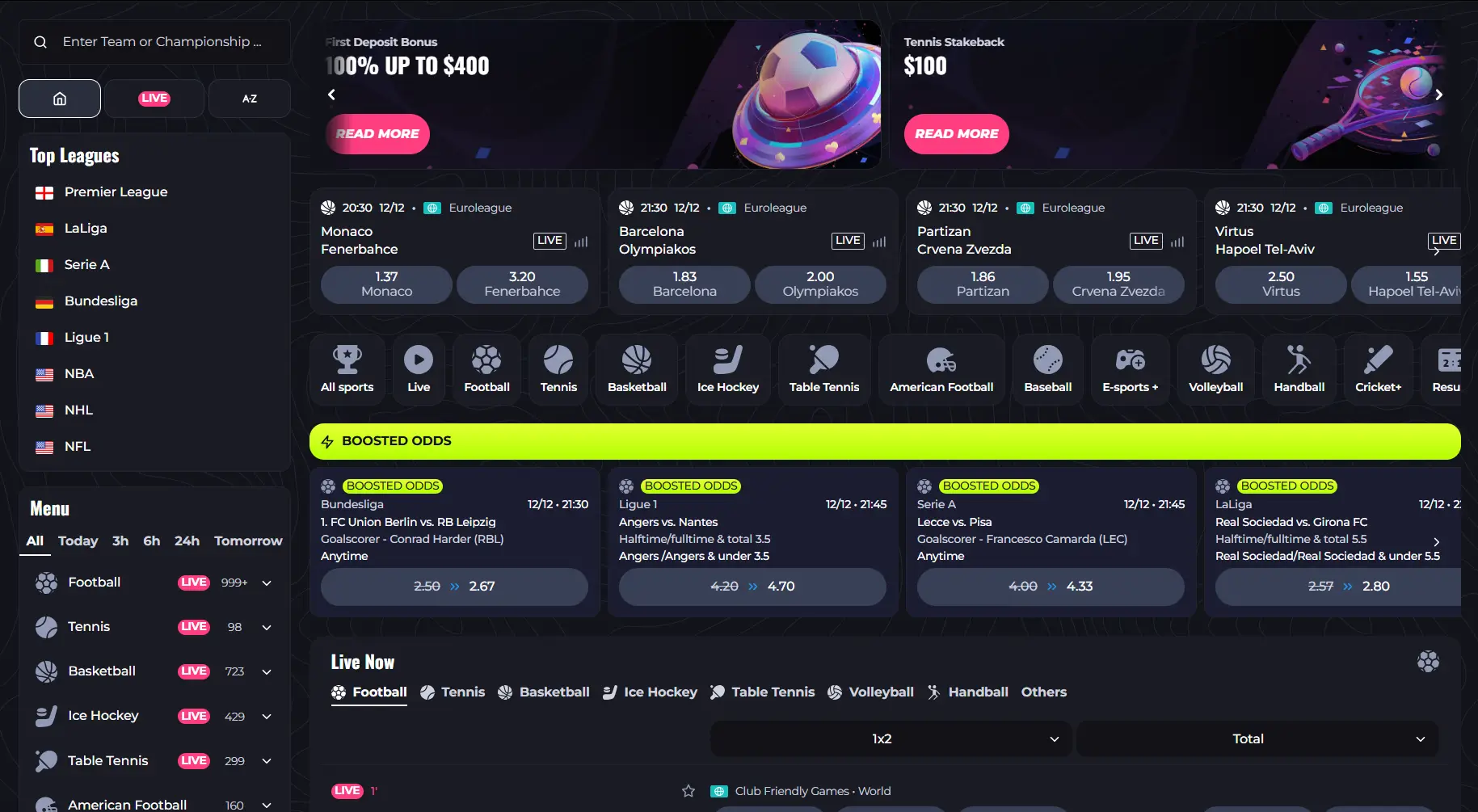 Interface de paris sportifs Lunubet Casino avec événements en direct et cotes